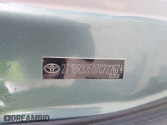 2007 Toyota Corolla CE with VIN 2T1BR32E07C722674, listed as a IAAI auction lot 42044075 with 171,652 mi miles and . Bid and sale history available at carsss.com. Image 9.