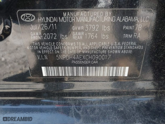 2012 Hyundai Elantra Limited with VIN 5NPDH4AEXCH090017, listed as a IAAI auction lot 37121157 with 176,542 mi miles. Bid and sale history available at carsss.com. Image 9.