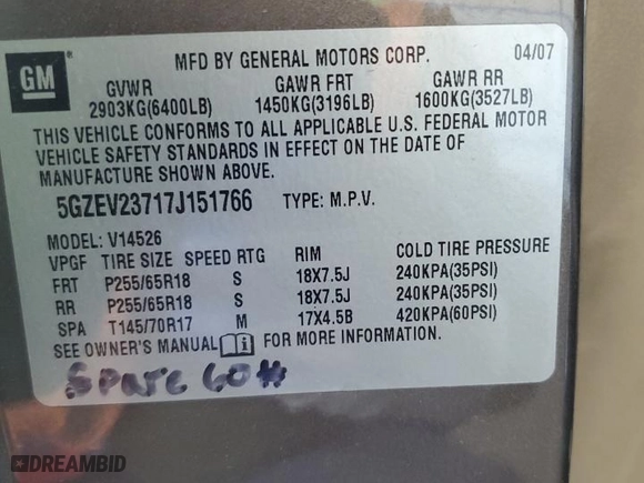 2007 Saturn Outlook XR with VIN 5GZEV23717J151766, listed as a Copart auction lot 72963924 with 0 mi miles and Salvage Title. Bid and sale history available at carsss.com. Image 14.