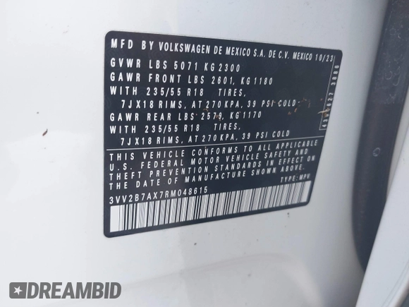 2024 Volkswagen Tiguan SE with VIN 3VV2B7AX7RM048615, listed as a IAAI auction lot 41434013 with 21,041 mi miles and . Bid and sale history available at DreamBid. Image 9.