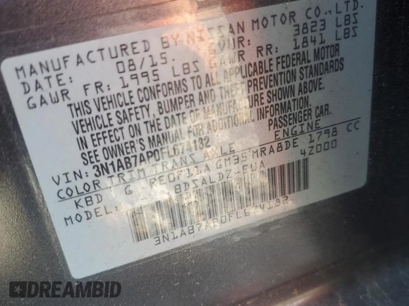 2015 Nissan Sentra SR with VIN 3N1AB7AP0FL674182, listed as a Copart auction lot 55870615 with 75,678 mi miles and Clean Title. Bid and sale history available at DreamBid. Image 12.