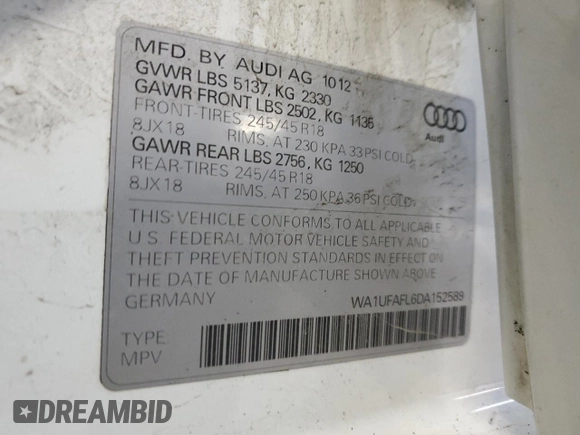 2013 Audi allroad Premium Plus with VIN WA1UFAFL6DA152589, listed as a Copart auction lot 87744345 with 170,397 mi miles and Salvage Title. Bid and sale history available at carsss.com. Image 12.