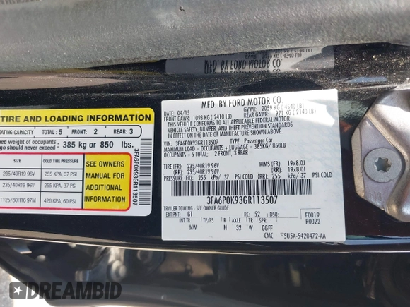2016 Ford Fusion Titanium with VIN 3FA6P0K93GR113507, listed as a IAAI auction lot 42458659 with 133,708 mi miles and . Bid and sale history available at DreamBid. Image 9.