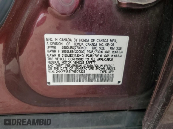 2007 Honda Pilot EX-L z VIN 2HKYF18517H507333, wystawiony jako Copart lot #55646695 z przebiegiem 298 414 mil mil oraz Szkoda całkowita • Salvage title. Historia ofert i sprzedaży dostępna na DreamBid. Obrazek 12.