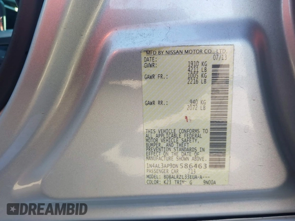 2013 Nissan Altima SV with VIN 1N4AL3AP9DN586463, listed as a IAAI auction lot 42099334 with 181,364 mi miles and . Bid and sale history available at carsss.com. Image 9.