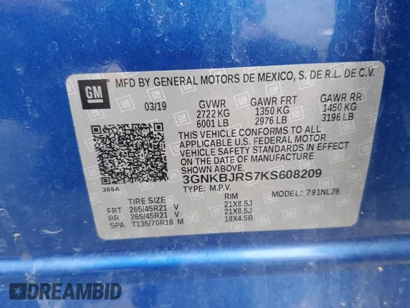 2019 Chevrolet Blazer RS with VIN 3GNKBJRS7KS608209, listed as a Copart auction lot 62657435 with 79,453 mi miles and Salvage title. Bid and sale history available at DreamBid. Image 13.