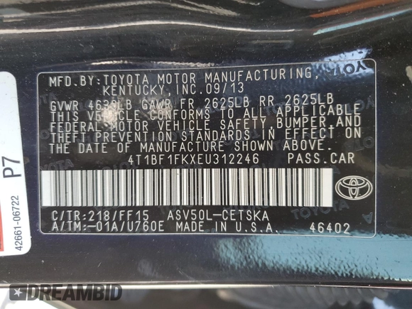 2014 Toyota Camry L with VIN 4T1BF1FKXEU312246, listed as a Copart auction lot 48584125 with 0 mi miles and Non Repairable. Bid and sale history available at carsss.com. Image 12.