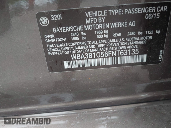 2015 BMW 3 Series 320i with VIN WBA3B1G56FNT63135, listed as a IAAI auction lot 42244926 with Not provided miles and . Bid and sale history available at DreamBid. Image 9.