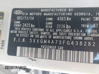 2015 Kia Optima LX z VIN 5XXGM4A73FG438282, wystawiony jako IAAI lot #42389042 z przebiegiem 228 753 mil mil oraz . Historia ofert i sprzedaży dostępna na DreamBid. Obrazek 9.