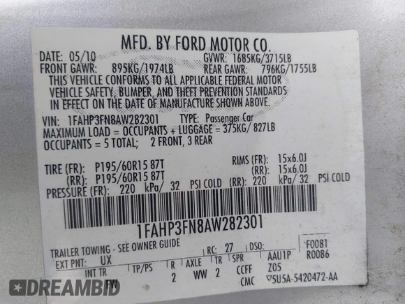2010 Ford Focus SE with VIN 1FAHP3FN8AW282301, listed as a IAAI auction lot 42181977 with 295,992 mi miles and . Bid and sale history available at carsss.com. Image 9.