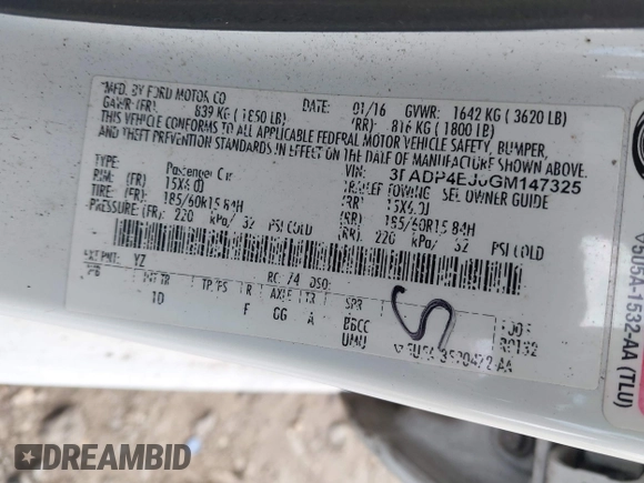 2016 Ford Fiesta SE with VIN 3FADP4EJ0GM147325, listed as a IAAI auction lot 42050497 with 63,349 mi miles and . Bid and sale history available at carsss.com. Image 9.