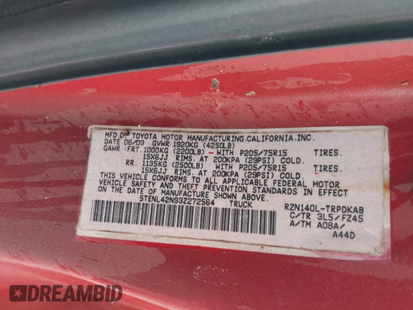 2003 Toyota Tacoma z VIN 5TENL42N93Z272564, wystawiony jako IAAI lot #42329681 z przebiegiem 303 546 mil mil oraz . Historia ofert i sprzedaży dostępna na DreamBid. Obrazek 9.