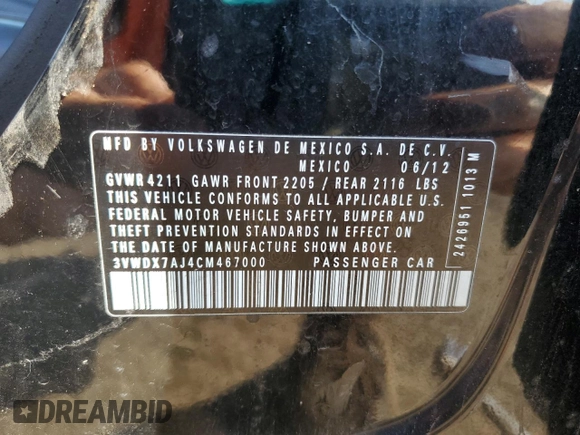 2012 Volkswagen Jetta SE with VIN 3VWDX7AJ4CM467000, listed as a Copart auction lot 63529995 with 238,553 mi miles and Clean title. Bid and sale history available at DreamBid. Image 12.