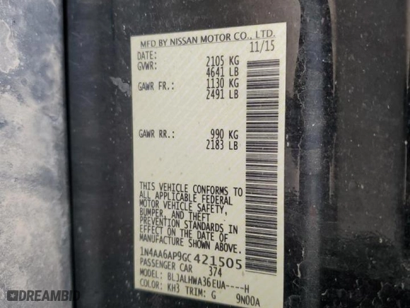 2016 Nissan Maxima 3.5 SL with VIN 1N4AA6AP9GC421505, listed as a Copart auction lot 47481525 with 146,137 mi miles and Salvage Title. Bid and sale history available at carsss.com. Image 13.
