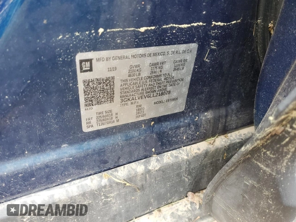 2020 GMC Terrain SLT with VIN 3GKALVEV6LL218078, listed as a Copart auction lot 57956465 with 61,398 mi miles and Salvage title. Bid and sale history available at DreamBid. Image 13.