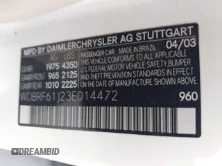 2003 Mercedes-Benz C 240 with VIN WDBRF61J23E014472, listed as a IAAI auction lot 42428277 with 82,489 mi miles and . Bid and sale history available at DreamBid. Image 9.