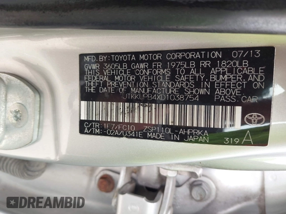 2013 Scion xD z VIN JTKKUPB4XD1038754, wystawiony jako IAAI lot #42231402 z przebiegiem 157 648 mil mil oraz . Historia ofert i sprzedaży dostępna na DreamBid. Obrazek 9.