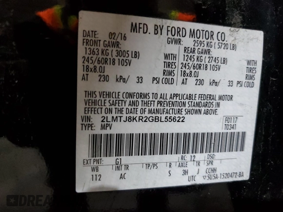 2016 Lincoln MKX Select with VIN 2LMTJ8KR2GBL55622, listed as a Copart auction lot 43818175 with 55,938 mi miles and Salvage Title. Bid and sale history available at DreamBid. Image 13.