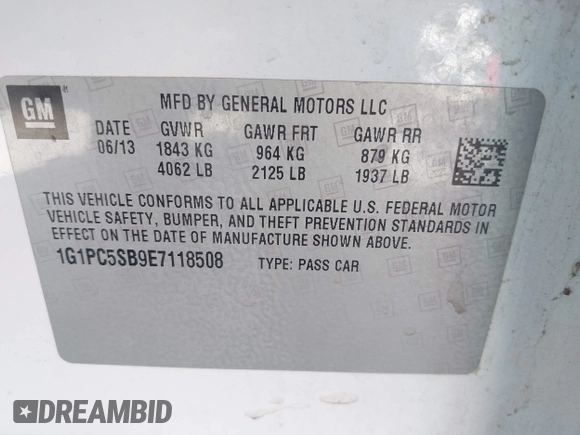 2014 Chevrolet Cruze 1LT with VIN 1G1PC5SB9E7118508, listed as a IAAI auction lot 42630531 with 145,868 mi miles and . Bid and sale history available at DreamBid. Image 9.