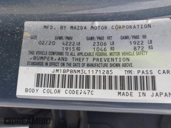 2020 Mazda 3 Premium with VIN JM1BPBNM3L1171285, listed as a IAAI auction lot 42097340 with 50,799 mi miles and . Bid and sale history available at DreamBid. Image 9.