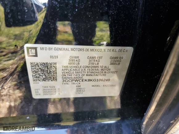 2019 Chevrolet Silverado 1500 LT with VIN 3GCPWCEK8KG106249, listed as a Copart auction lot 77646124 with 86,749 mi miles and Non Repairable. Bid and sale history available at carsss.com. Image 12.
