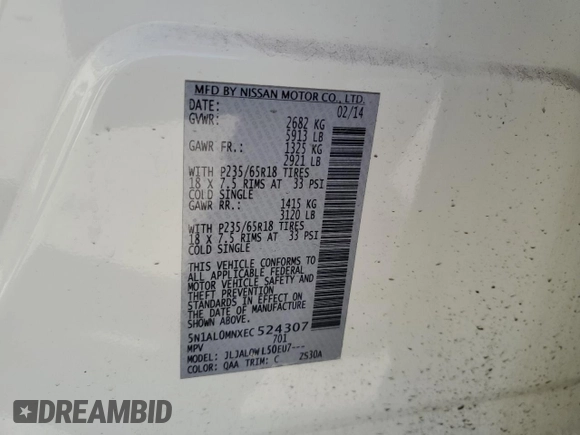 2014 Infiniti QX60 с VIN 5N1AL0MNXEC524307, выставлен на аукционе Copart как лот 49542245 с пробегом 147 546 миль миль и Списание • Salvage title. История ставок и продаж доступна на DreamBid. Изображение 14.