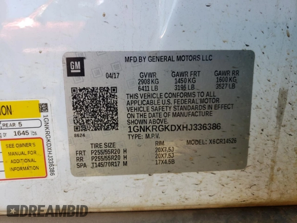 2017 Chevrolet Traverse LT with VIN 1GNKRGKDXHJ336386, listed as a Copart auction lot 48690795 with 113,057 mi miles and Salvage Title. Bid and sale history available at DreamBid. Image 13.
