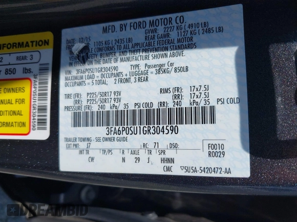 2016 Ford Fusion Titanium with VIN 3FA6P0SU1GR304590, listed as a IAAI auction lot 42381545 with 136,684 mi miles and . Bid and sale history available at DreamBid. Image 9.