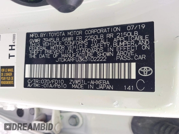 2019 Toyota Prius L Eco z VIN JTDKARFU3K3102222, wystawiony jako IAAI lot #42291403 z przebiegiem 27 669 mil mil oraz . Historia ofert i sprzedaży dostępna na DreamBid. Obrazek 9.