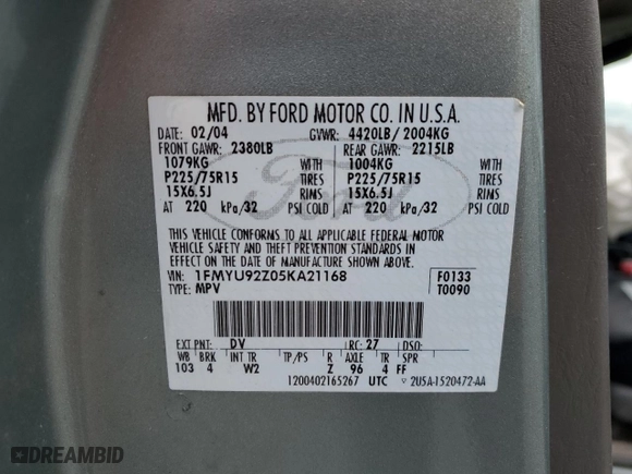 2005 Ford Escape XLS Value with VIN 1FMYU92Z05KA21168, listed as a Copart auction lot 47630185 with 253,389 mi miles and Salvage Title. Bid and sale history available at carsss.com. Image 16.