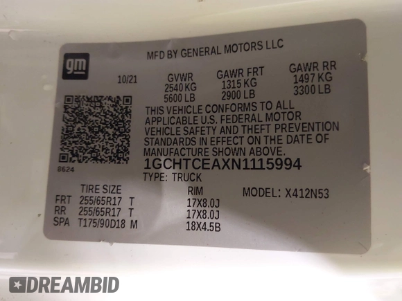 2022 Chevrolet Colorado 4WD LT with VIN 1GCHTCEAXN1115994, listed as a IAAI auction lot 42159207 with 59,856 mi miles and . Bid and sale history available at DreamBid. Image 9.