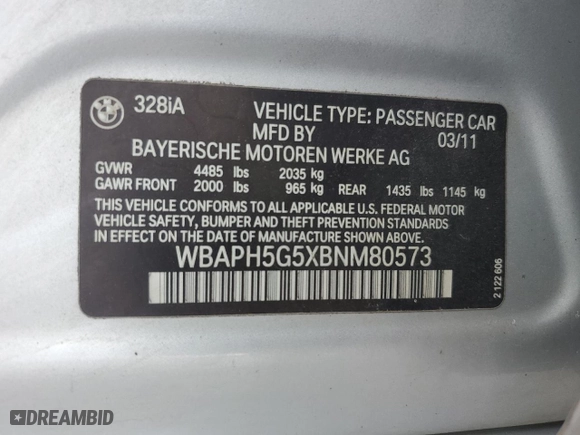 2011 BMW 3 Series 328i with VIN WBAPH5G5XBNM80573, listed as a Copart auction lot 51132745 with 59,385 mi miles and Salvage Title. Bid and sale history available at carsss.com. Image 12.