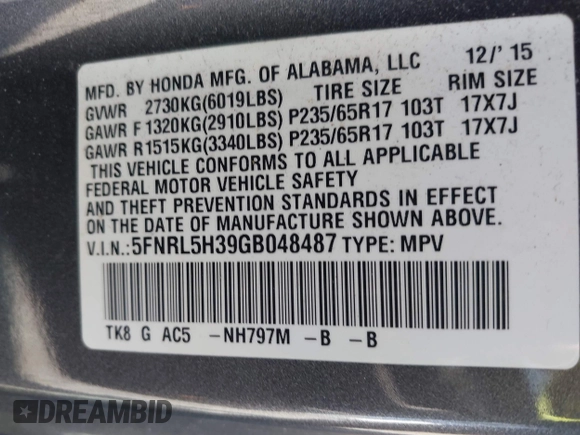 2016 Honda Odyssey SE with VIN 5FNRL5H39GB048487, listed as a IAAI auction lot 42059132 with 140,411 mi miles and . Bid and sale history available at DreamBid. Image 9.