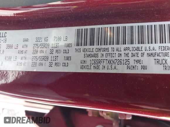 2019 Ram 1500 Big Horn z VIN 1C6SRFFTXKN726125, wystawiony jako IAAI lot #42177558 z przebiegiem 40 985 mil mil oraz . Historia ofert i sprzedaży dostępna na DreamBid. Obrazek 9.