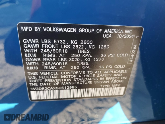 2025 Volkswagen Atlas SE with VIN 1V2DR2CAXSC512985, listed as a Copart auction lot 87933825 with Not provided miles and Salvage title. Bid and sale history available at DreamBid. Image 13.