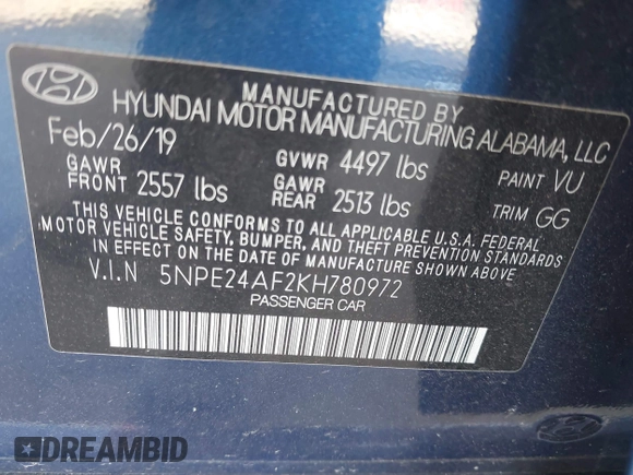 2019 Hyundai Sonata SE with VIN 5NPE24AF2KH780972, listed as a IAAI auction lot 42149730 with 52,527 mi miles and . Bid and sale history available at DreamBid. Image 9.