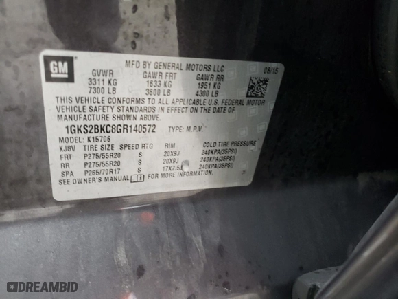 2016 GMC Yukon SLT with VIN 1GKS2BKC8GR140572, listed as a Copart auction lot 47271325 with 0 mi miles and Salvage Title. Bid and sale history available at carsss.com. Image 14.