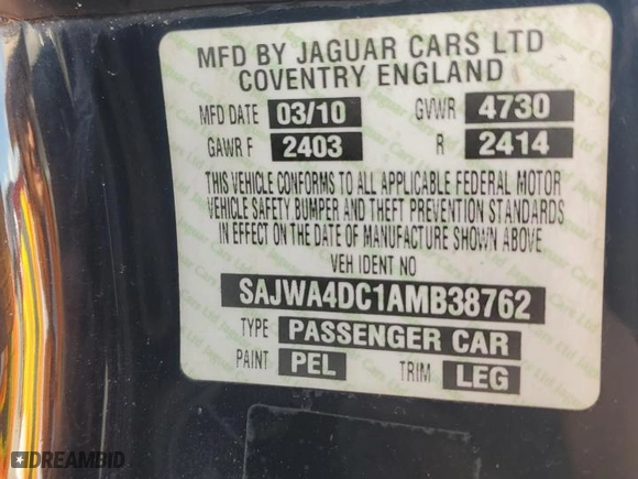 2010 Jaguar XK with VIN SAJWA4DC1AMB38762, listed as a Copart auction lot 73865884 with 98,030 mi miles and Salvage Title. Bid and sale history available at carsss.com. Image 14.