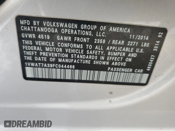 2015 Volkswagen Passat Limited Edition Edition z VIN 1VWAT7A39FC044466, wystawiony jako Copart lot #54442945 z przebiegiem 107 925 mil mil oraz Szkoda całkowita • Salvage title. Historia ofert i sprzedaży dostępna na DreamBid. Obrazek 13.
