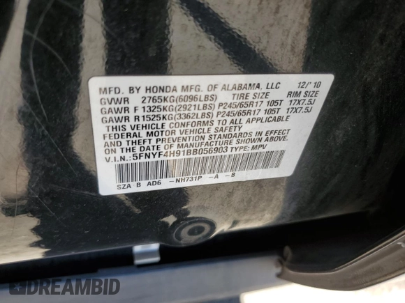 2011 Honda Pilot Touring with VIN 5FNYF4H91BB056903, listed as a Copart auction lot 49867425 with 102,135 mi miles and Salvage Title. Bid and sale history available at carsss.com. Image 16.