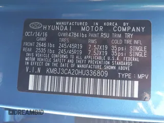 2017 Hyundai Tucson Sport with VIN KM8J3CA20HU336809, listed as a IAAI auction lot 41800913 with 112,948 mi miles and . Bid and sale history available at DreamBid. Image 9.