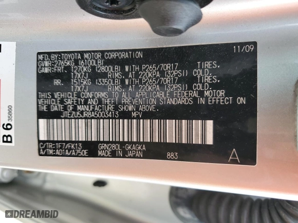 2010 Toyota 4Runner SR5 with VIN JTEZU5JR8A5003413, listed as a Copart auction lot 52416375 with 170,321 mi miles and Salvage Title. Bid and sale history available at carsss.com. Image 13.