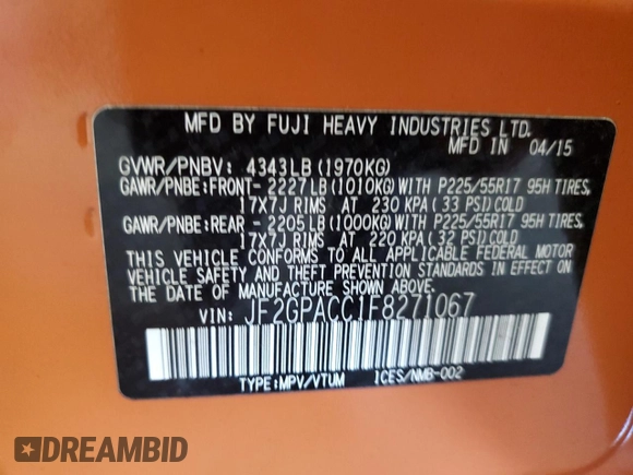 2015 Subaru Crosstrek Premium with VIN JF2GPACC1F8271067, listed as a Copart auction lot 61132855 with 54,443 mi miles and Salvage title. Bid and sale history available at DreamBid. Image 13.