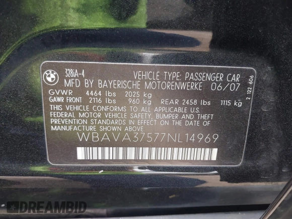2007 BMW 3 Series 328i with VIN WBAVA37577NL14969, listed as a IAAI auction lot 41892650 with 184,240 mi miles and . Bid and sale history available at DreamBid. Image 9.