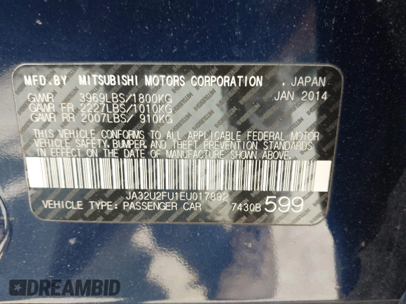 2014 Mitsubishi Lancer ES with VIN JA32U2FU1EU017892, listed as a IAAI auction lot 42392598 with 211,856 mi miles and . Bid and sale history available at DreamBid. Image 9.