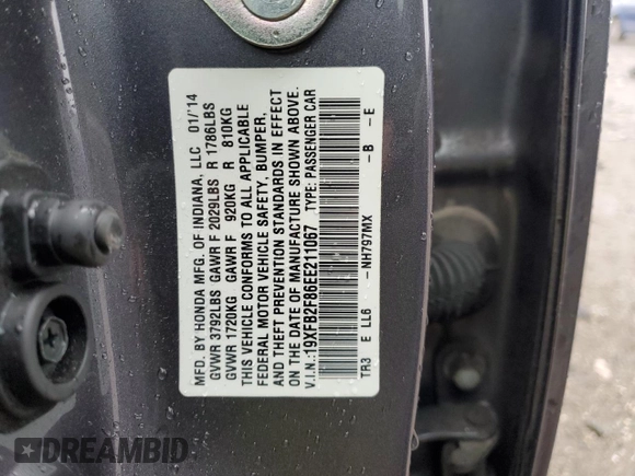 2014 Honda Civic Sedan EX with VIN 19XFB2F86EE211067, listed as a Copart auction lot 52796235 with 117,107 mi miles and Salvage Title. Bid and sale history available at carsss.com. Image 12.
