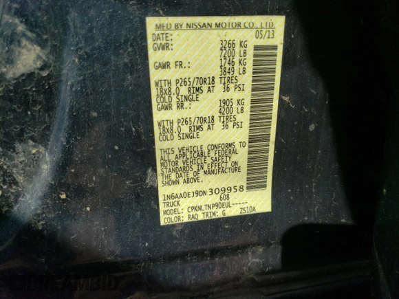 2013 Nissan Titan S with VIN 1N6AA0EJ9DN309958, listed as a Copart auction lot 71129854 with 137,302 mi miles and Clean Title. Bid and sale history available at carsss.com. Image 12.