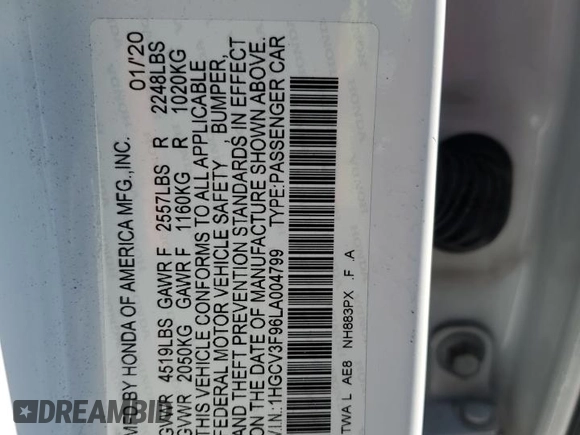 2020 Honda Accord Touring with VIN 1HGCV3F96LA004799, listed as a Copart auction lot 49453845 with 45,392 mi miles and Salvage title. Bid and sale history available at DreamBid. Image 13.