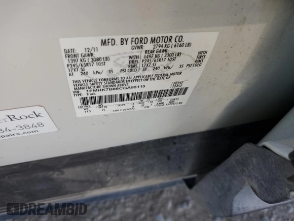 2012 Ford Explorer с VIN 1FMHK7B86CGA95115, выставлен на аукционе Copart как лот 62734055 с пробегом 251 421 миль миль и Списание • Salvage title. История ставок и продаж доступна на DreamBid. Изображение 12.