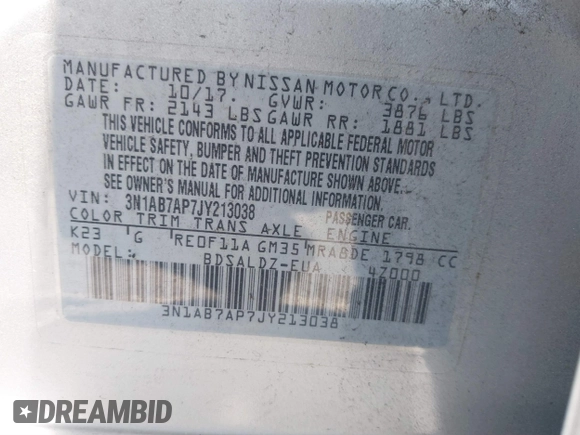 2018 Nissan Sentra S with VIN 3N1AB7AP7JY213038, listed as a IAAI auction lot 41752459 with 113,064 mi miles and . Bid and sale history available at DreamBid. Image 9.